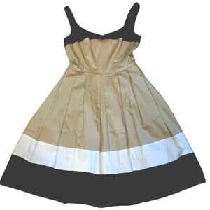 Tan Fit & Flare Sleeveless Stretch Dress Pockets White Black Stripes Size 4 WISP